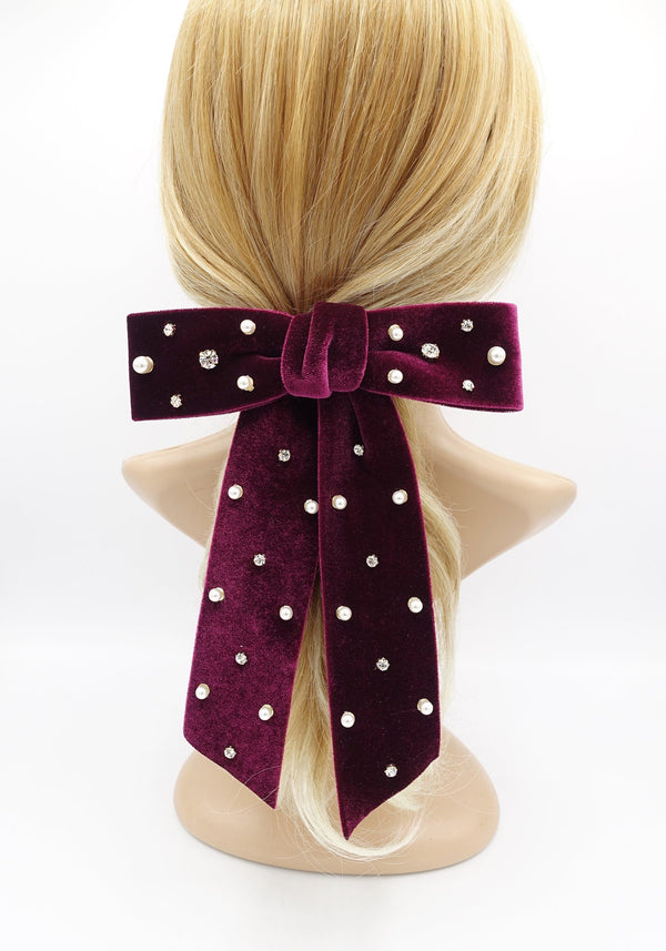velvet hair bow, pearl hair bow, rhinestone hair bow, embellished hair –